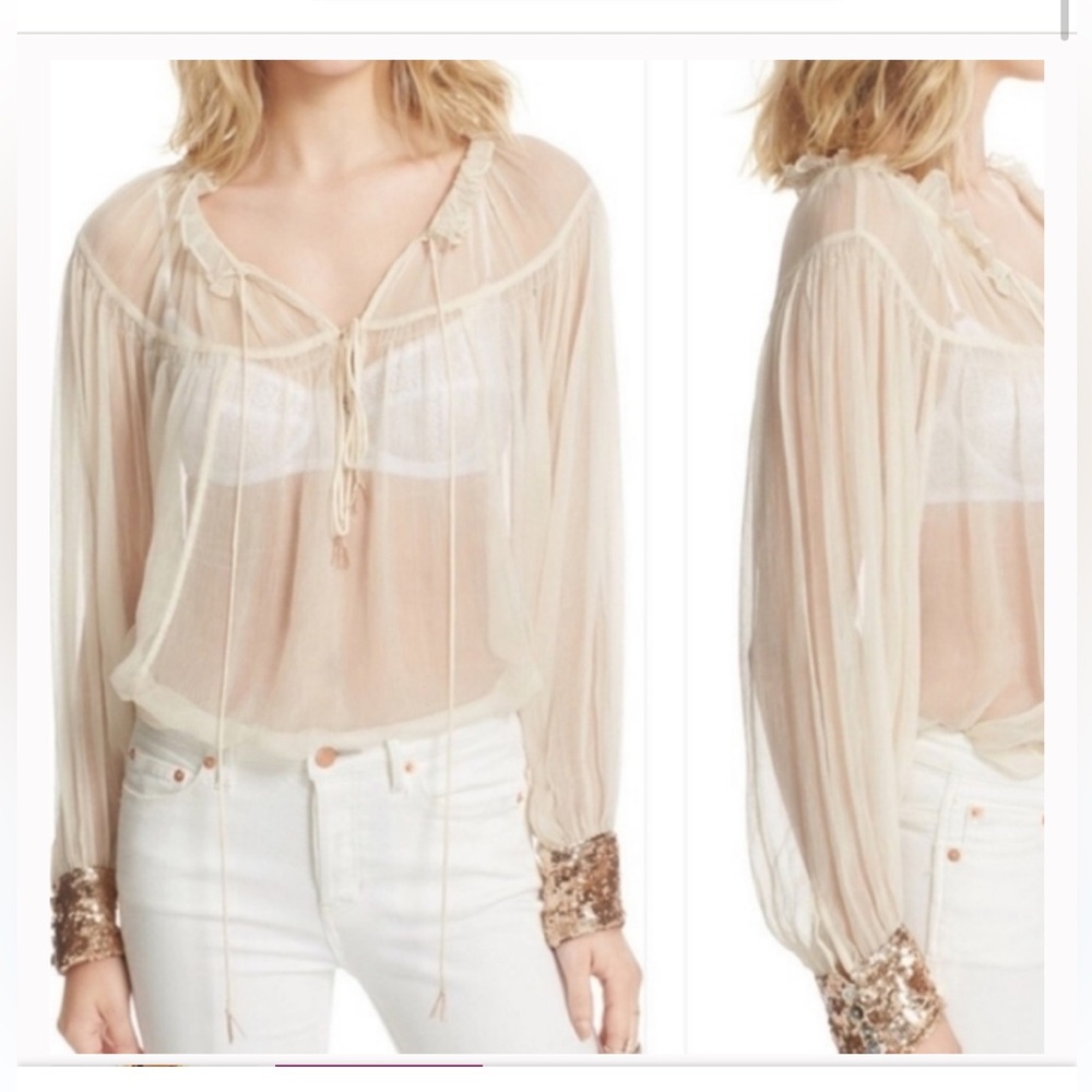 Free People Dream Cuff Peasant Sheer Boho Blouse Cream Rose Gold Sequin NWT M